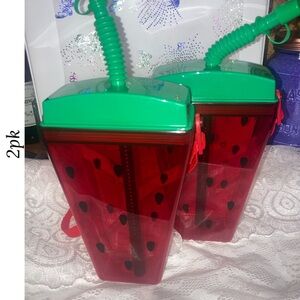 Cute Watermelon Tumbler Water Bottle w/ Straps & Straw Portable Cup Travel Flask